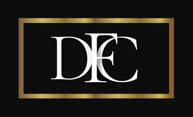 'DFC' written on a black background with gold square around it