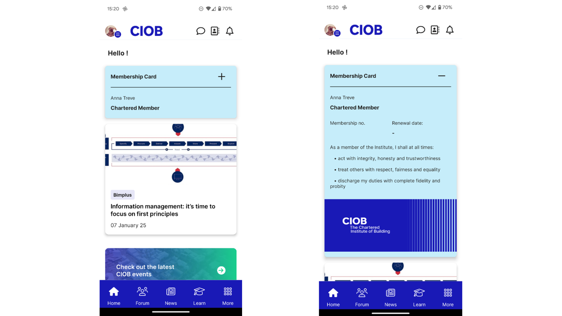 Screenshot of the CIOB app, showing the new membership cards.